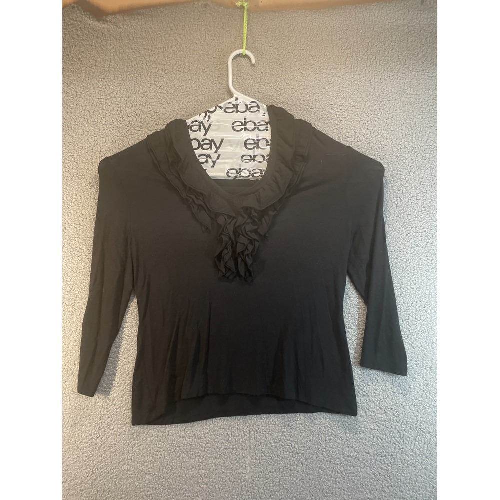 Cato Top Women Large Black Jersey Knit Pullover Bow Ruffle Front L